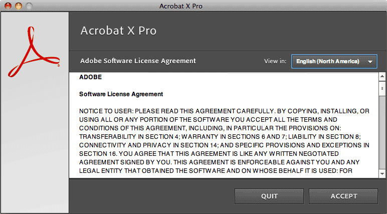Adobe Software License Agreement window
