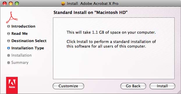 Standard Install window