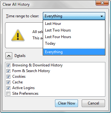 Clear All History window