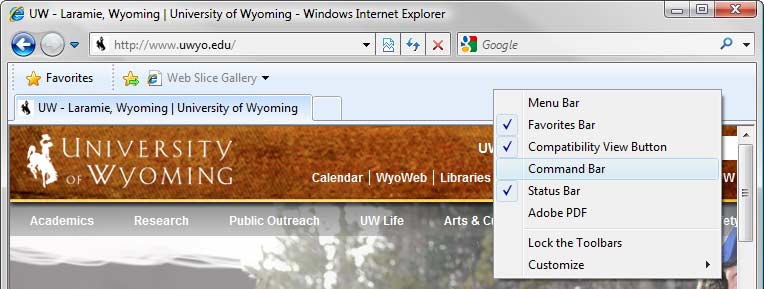 Internet Explorer browser window, Toolbars menu