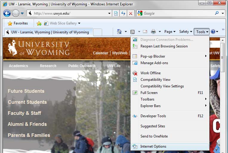 Internet Explorer window, Tools menu