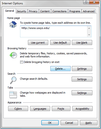 Internet Options window