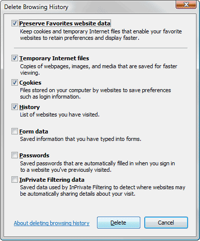 Delete Browsing History window