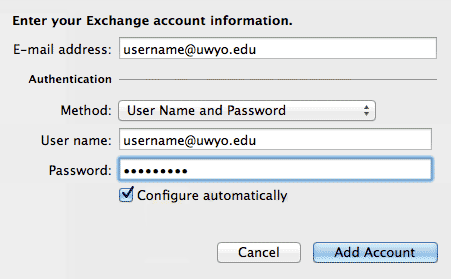 Enter your Exchange account information window