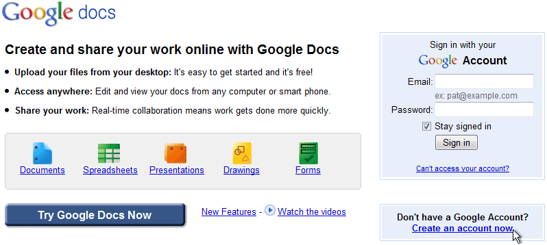 Google Docs homepage