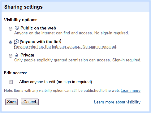 Share settings window