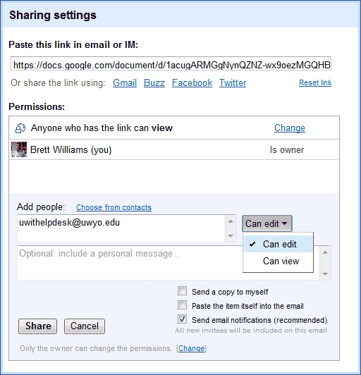 Share settings window