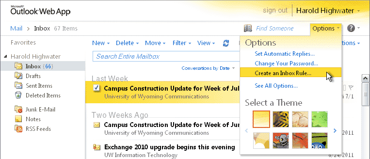 Outlook Web App Options menu