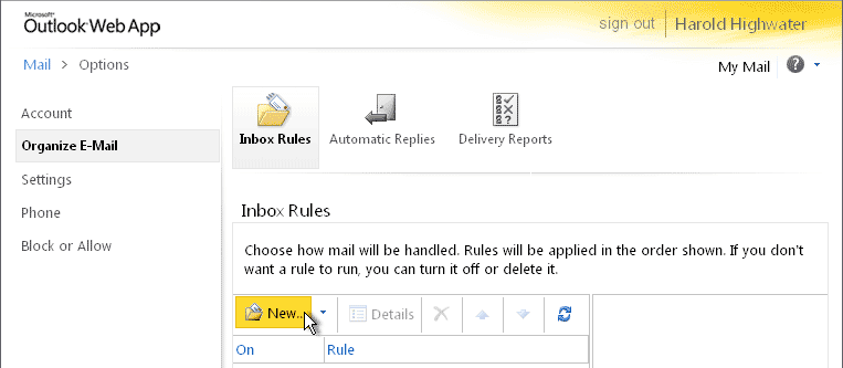 Outlook Web App Inbox Rules window