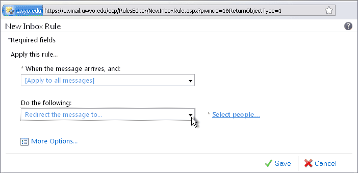 New Inbox Rule window