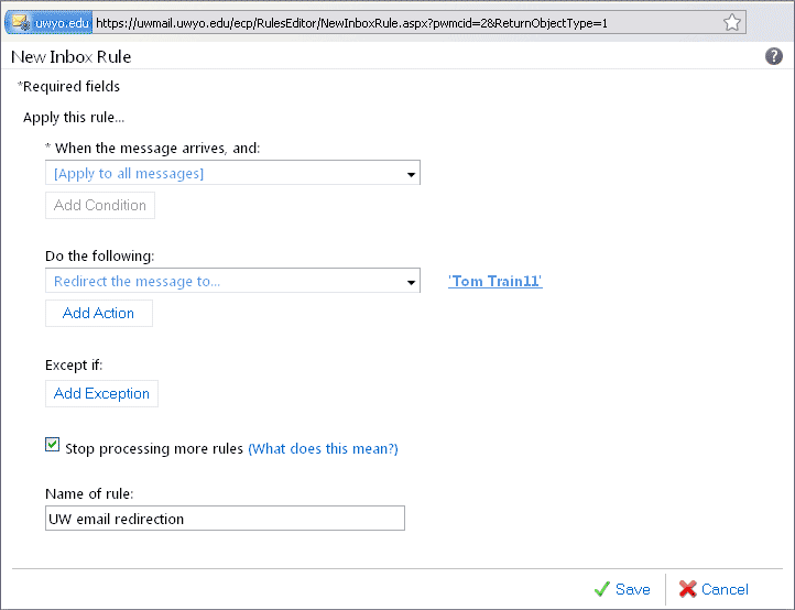 New Inbox Rule window