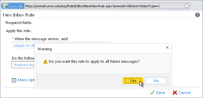 New Inbox Rule window