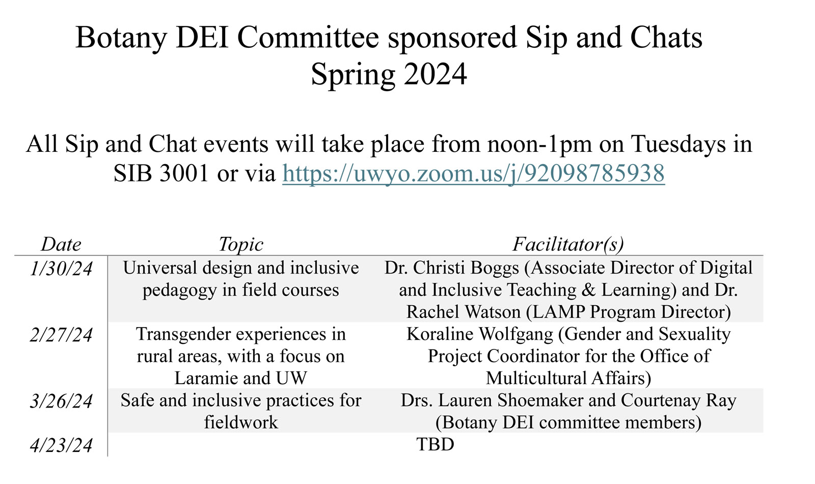 Spring 2024 Sip and Chat Schedule