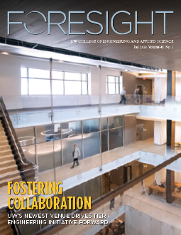 This is an image of the cover of the fall 2019 Foresight issue. It show four floors of the open-air Engineering Education and Research Building