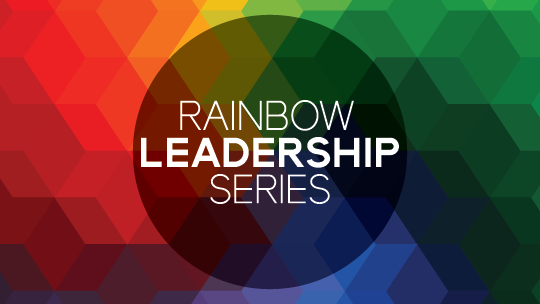 Rainbow background with "Rainbow Leadership Series" text on gray circle