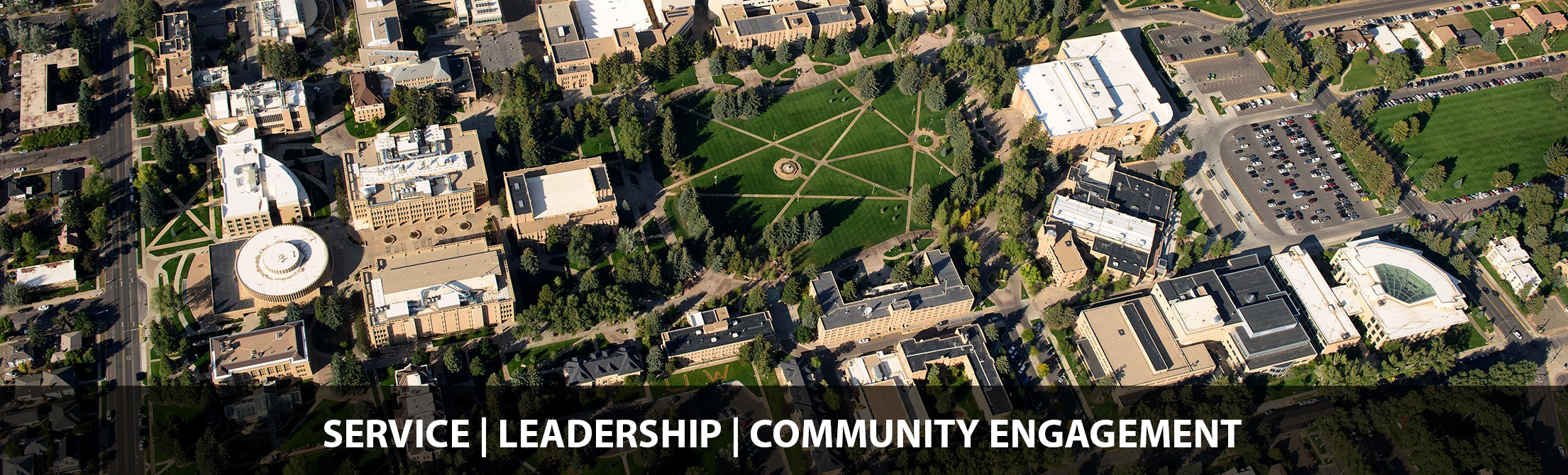 Arial shot of campus with "Service | Leadership | Community Engagement" written