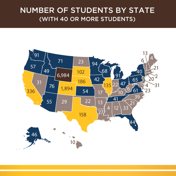Number of students attending the University of Wyoming by state in 2018
