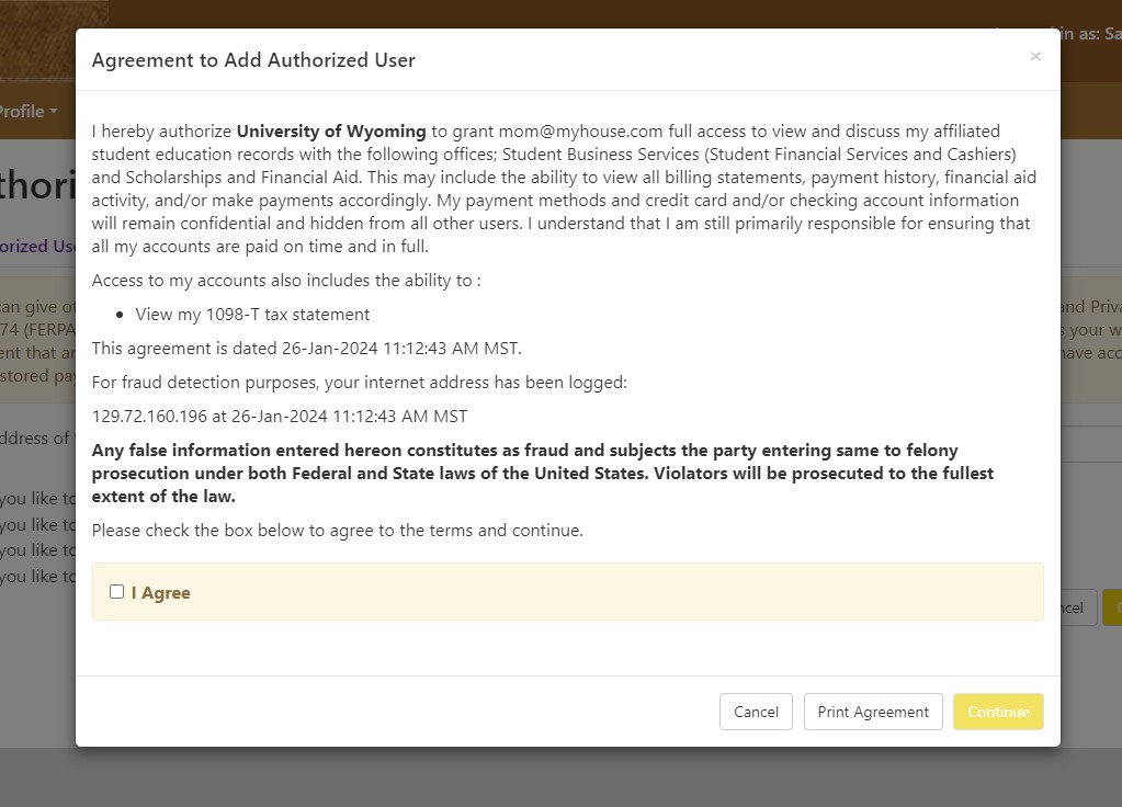 screenshot of student financial portal, authorized user setup, acknowledgement of terms