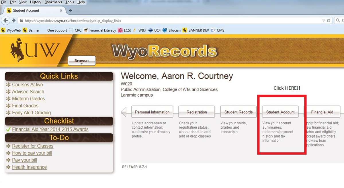 Screen shot of WyoRecord Student Account Tab