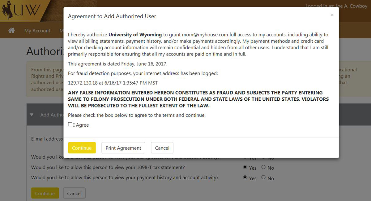 Screen shot of WyoRecords Authorized User Agreement