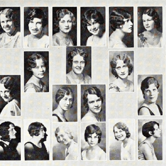 Composite photo of the women of Alpha Chi Omega most smiling but not all