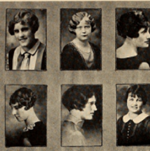 Six women in a composite photo some facing the camera and some facing the side. All photos are in black and white