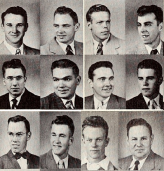 Men, not all smiling, for composite picture, in black and white