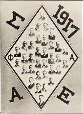 In a diamond shape composite the head shots of the men of SAE are surrounded by the letters Phi Alpha and the date 1917