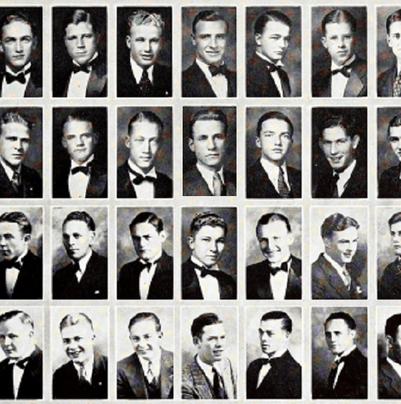 Men all in bow ties smiling for their black and white composite photo.