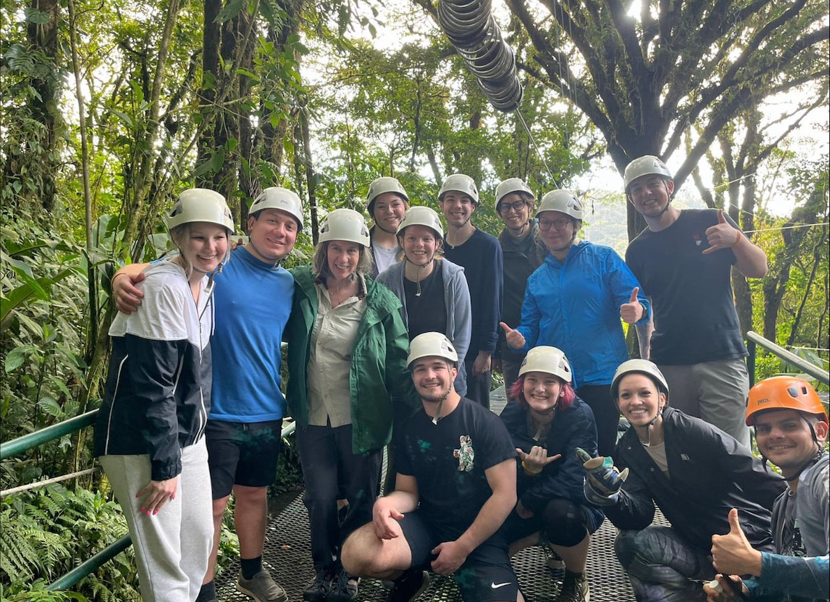Students in hard hats prepare for a rain forest tour in Costa Rica during the 2023 FYE Abroad