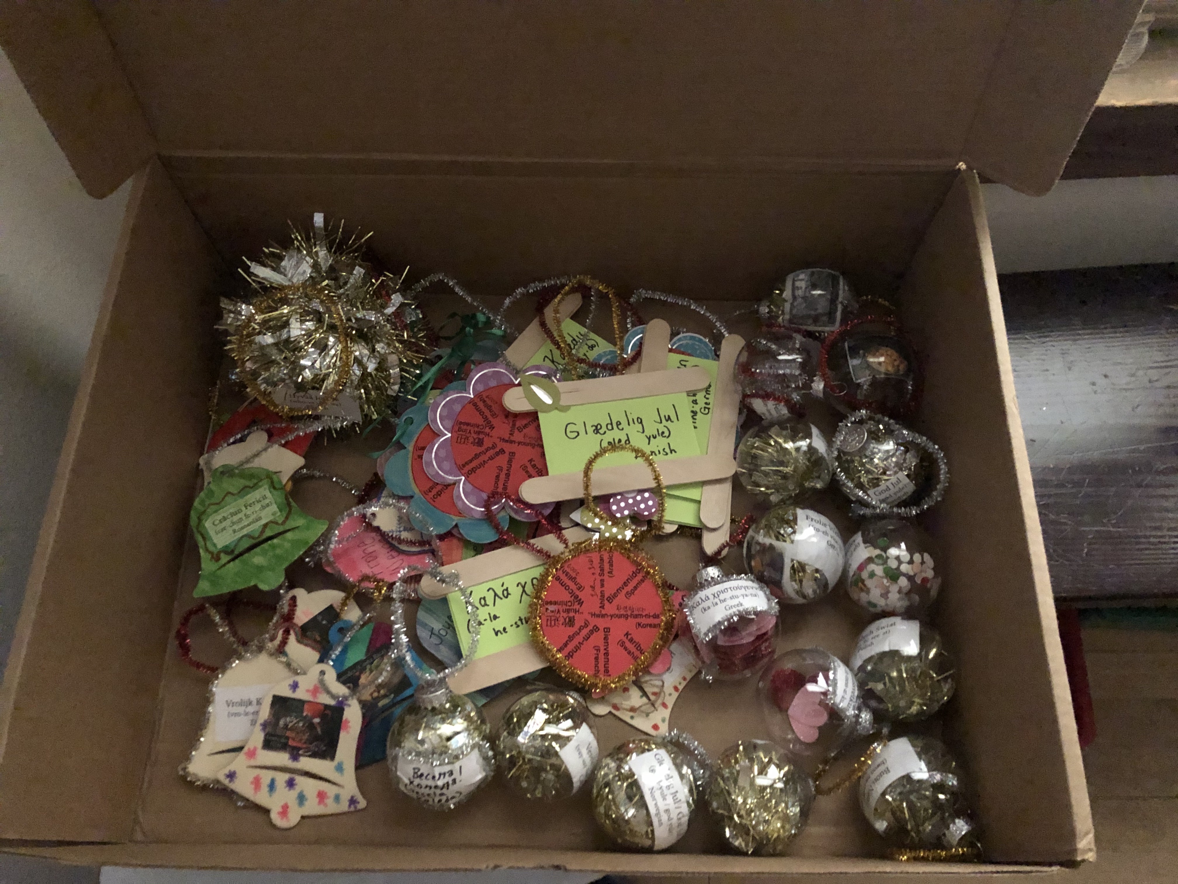 box of ornaments made by students in the first year seminar