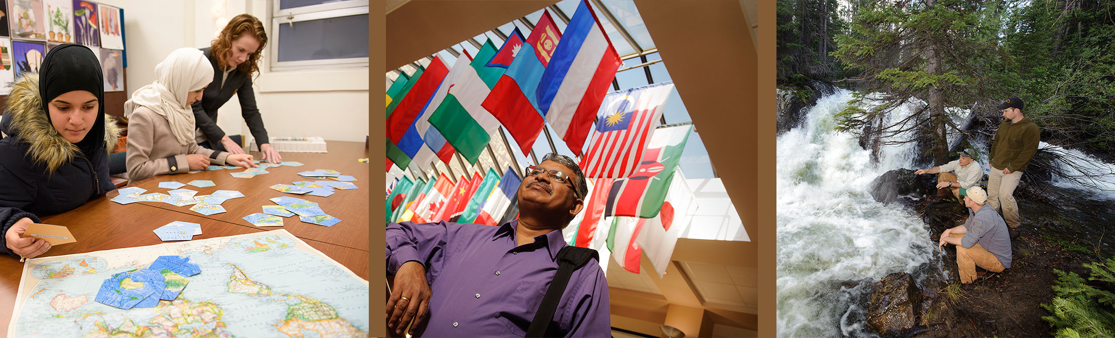 Image of women identifying map places, man beneath world flags, and students looking at a stream