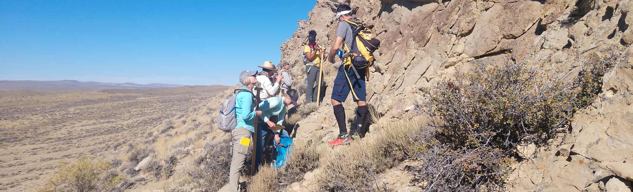 UW geology and geophysics students on side of hill examining rocks
