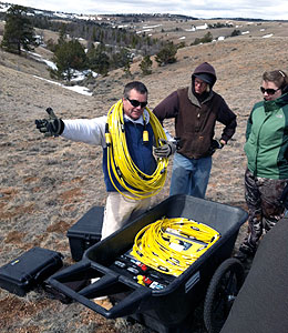 Students learning the use of electrical resistivity imaging equipment in Wyoming’s Laramie Range.