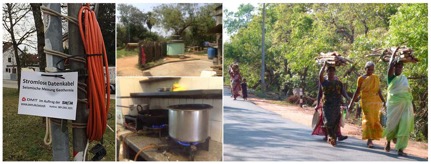 Photos: (L) Seismic geophysical cable and sensor installations are found strung out all over Munich as the city tests for favorable geothermal drilling sites; geothermal heat is increasingly used for large buildings or community heating. (Middle top) A bioreactor behind a restaurant in south India, using food waste to make biogas. (Middle bottom) A burner using the biogas from the reactor pictured above. (Right) Women bringing firewood home in the evening; biogas installations impact the demand for firewood and thus also impact forest health. Photographs copyright Carrick Eggleston and Sarah Strauss.