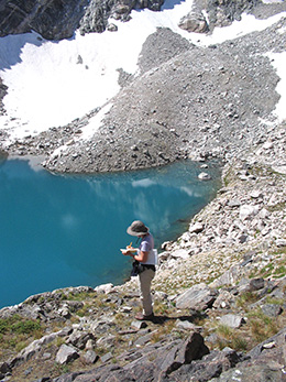 Researcher at Talus Lake, in the remote northern Teton Range