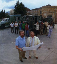 Scott with students and vibroseis trucks in 1982