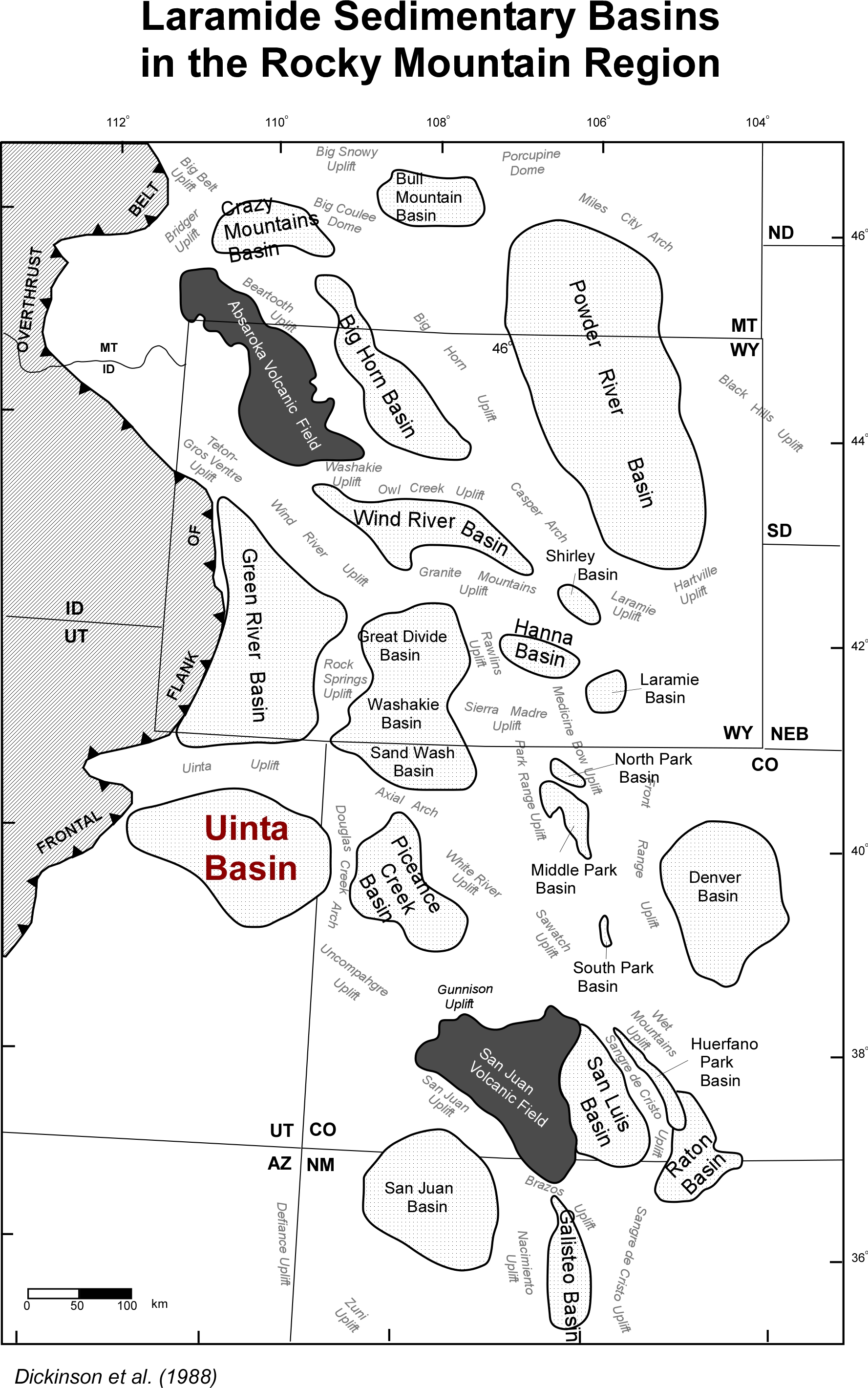 Map of the Laramide sedimentary basins in the Rocky Mountain region