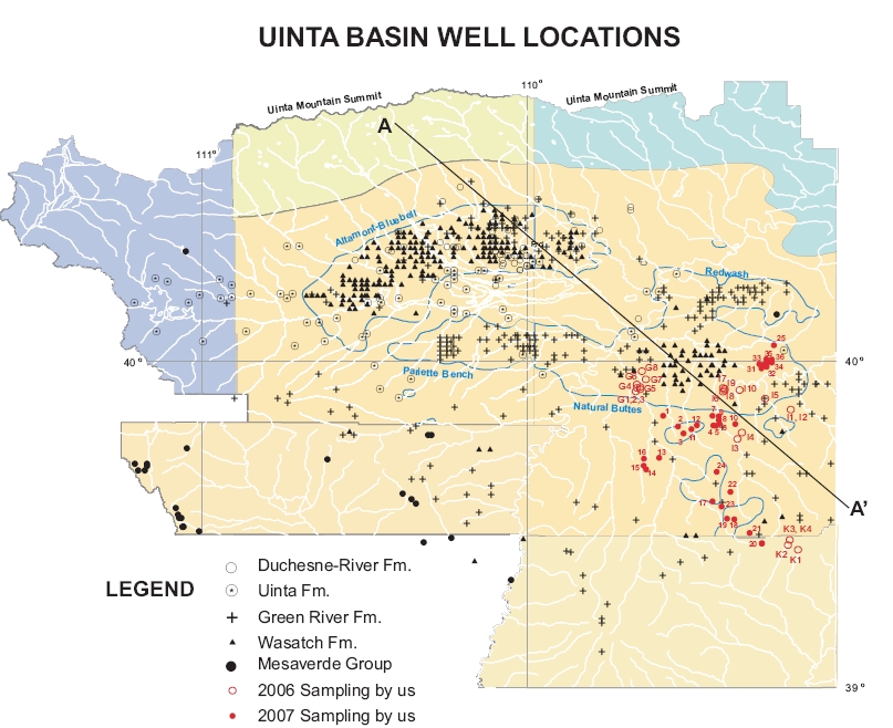 Map of wells in the Uinta basin