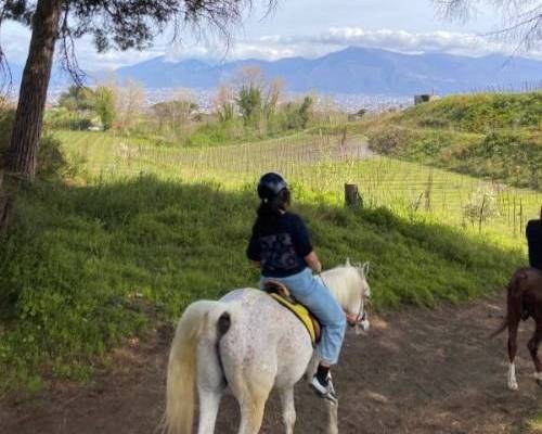 Kynlee horseback riding at the base of Mount Vesuvius, looking down at the Sorrento Bay