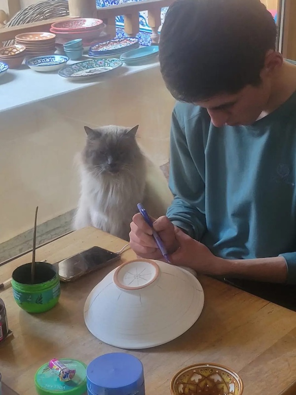 cat sitting next to a ceramic artist