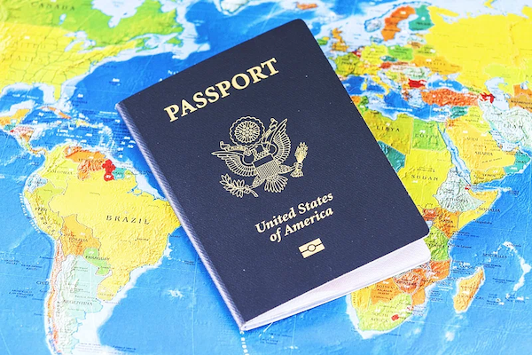 US passport on world map