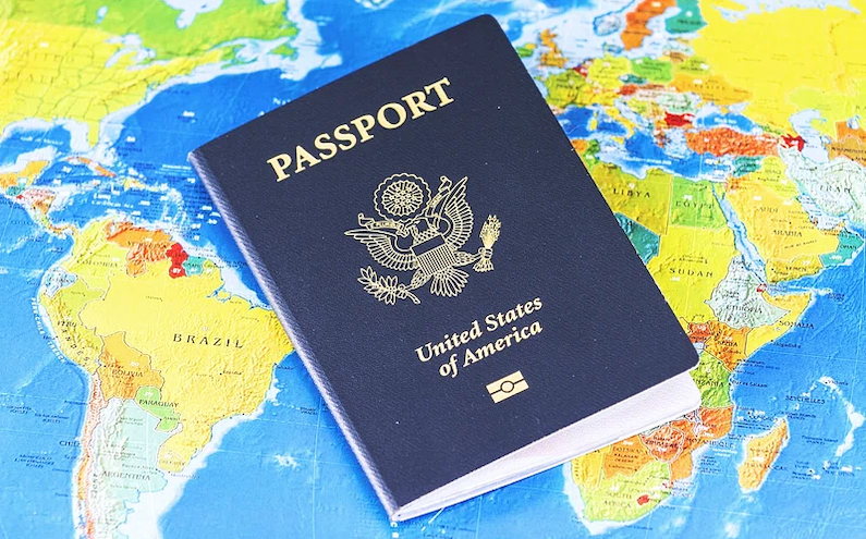 US passport on a world map