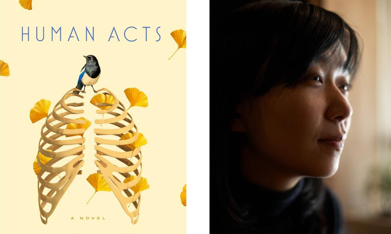 cover of Human Acts (a bird on a ribcage) and picture of Han Kang