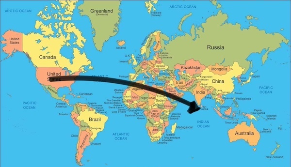 map of world with flight path from Wyoming to Sri Lanka