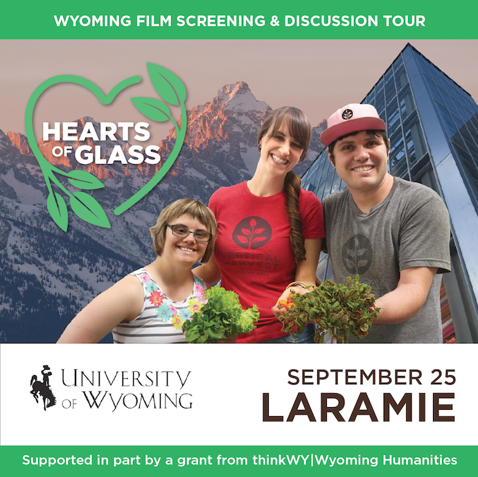 Hearts of Glass film poster with three people smiling.