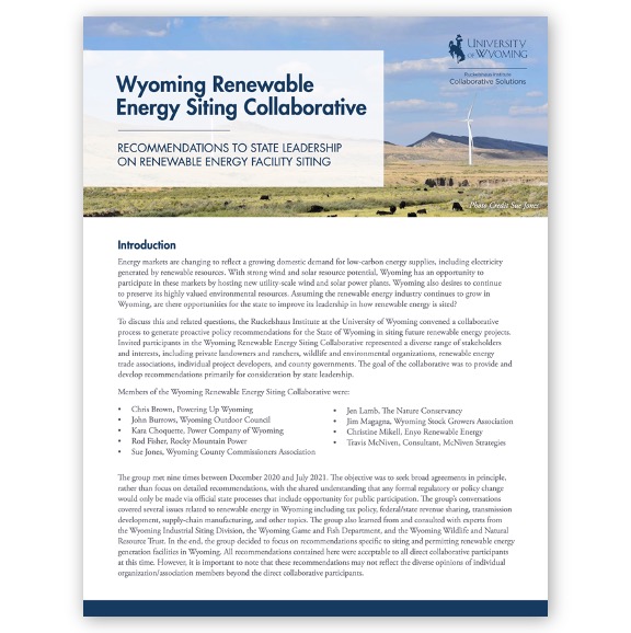 Publication cover thumbnail, "Wyoming Renewable Energy Siting Collaborative: Recommendations to State Leadership"