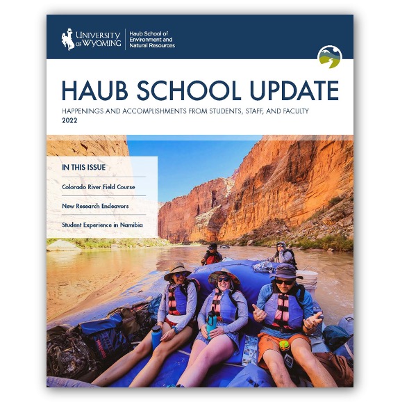 Image of three people in a raft and the text "Haub School Update"