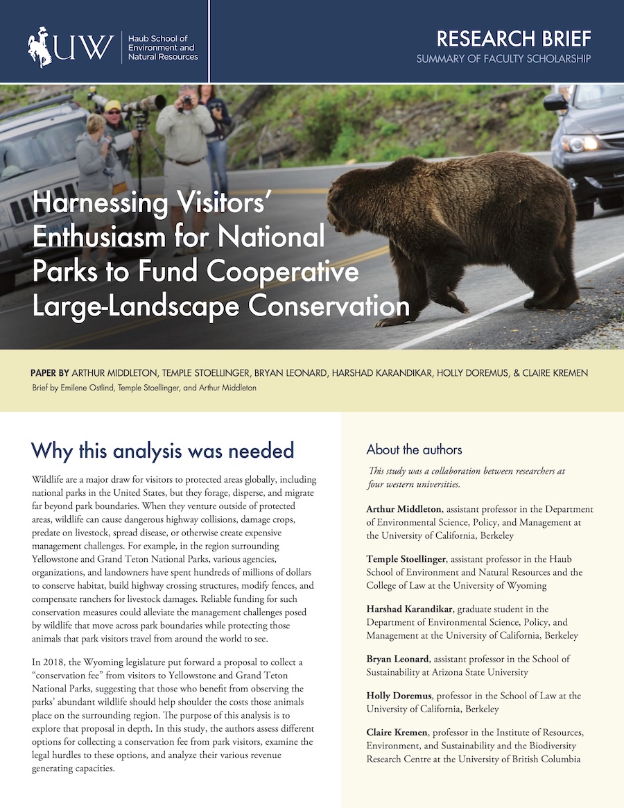 Cover of research brief titled "Harnessing Visitors' Enthusiasm for National Parks to Advance Landscape Conservation" showing an image of a grizzly bear crossing a highway in a national park in front of a bunch of tourists with cameras.