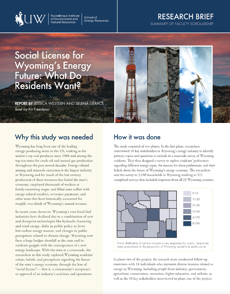 Cover of research brief titled "Social License for Wyoming's Energy Future," showing a Wyoming landscape image overlaid with a collage image of energy infrastructure.
